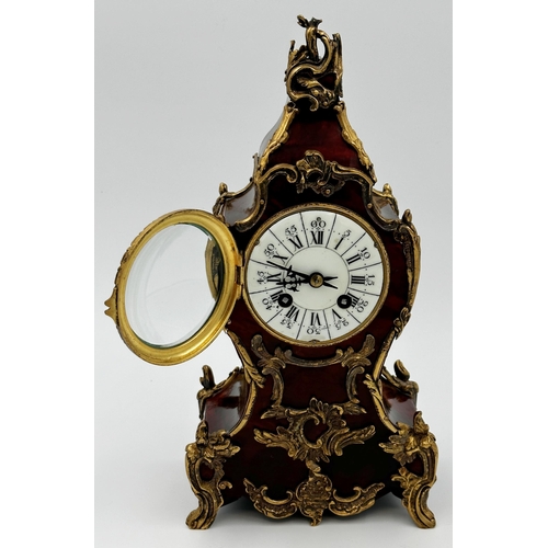 385 - Good Camerer Kuss & Co gilt mounted tortoiseshell rococo boulle mantle clock, twin train enamel dial... 