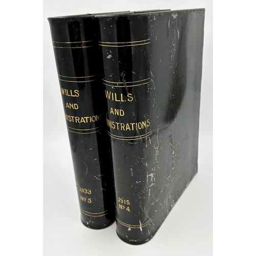 603 - Good pair of enamelled sheet metal novelty deeds boxes in the form of books, gilt inscribed 'Wills a... 