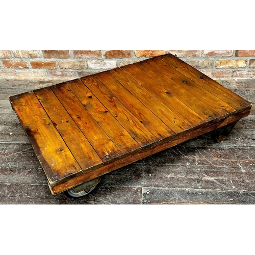 1197 - Good Vintage Industrial tanners trolley table, planked pine top on cast steel frame with original wh... 