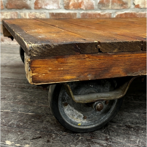 1197 - Good Vintage Industrial tanners trolley table, planked pine top on cast steel frame with original wh... 