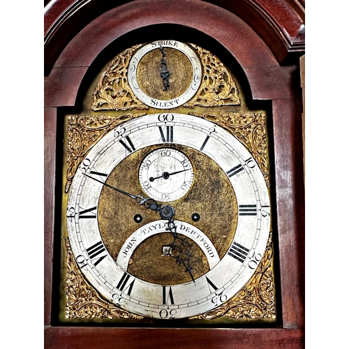 387 - John Taylor of Deptford flame mahogany cased eight day longcase clock, the brass dial with two subsi... 