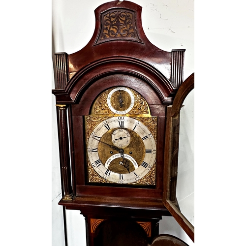 387 - John Taylor of Deptford flame mahogany cased eight day longcase clock, the brass dial with two subsi... 