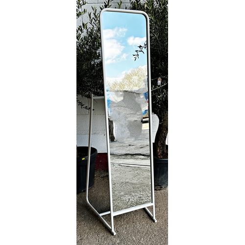 1208 - Stylised Mid-Century floor standing mirror with white tube metal frame, 165cm high x 39cm wide