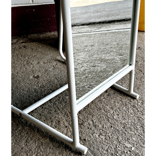 1208 - Stylised Mid-Century floor standing mirror with white tube metal frame, 165cm high x 39cm wide