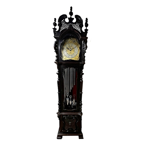 389 - Incredible imposing early 20th century chiming longcase clock, profusely carved mahogany frame with ... 