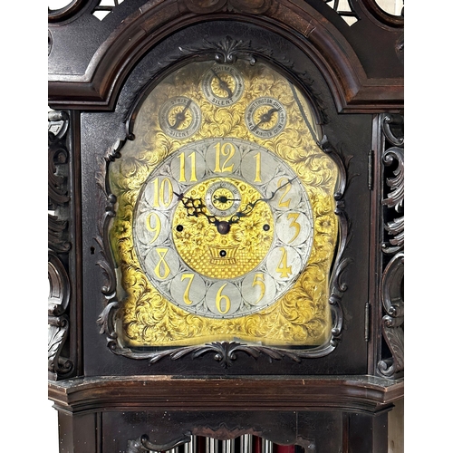 389 - Incredible imposing early 20th century chiming longcase clock, profusely carved mahogany frame with ... 