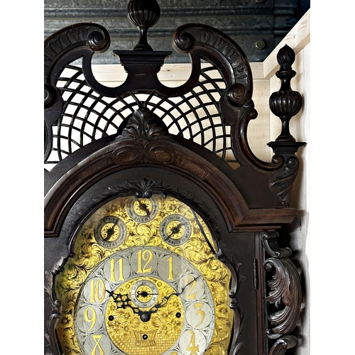 389 - Incredible imposing early 20th century chiming longcase clock, profusely carved mahogany frame with ... 