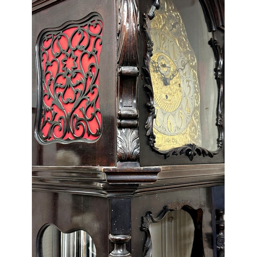 389 - Incredible imposing early 20th century chiming longcase clock, profusely carved mahogany frame with ... 