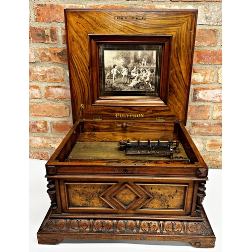 382 - Late 19th century walnut cased table top Polyphon, with boxwood inlaid top, classical cherub picture... 