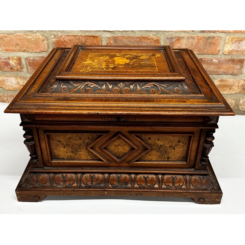 382 - Late 19th century walnut cased table top Polyphon, with boxwood inlaid top, classical cherub picture... 