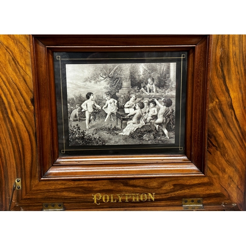 382 - Late 19th century walnut cased table top Polyphon, with boxwood inlaid top, classical cherub picture... 