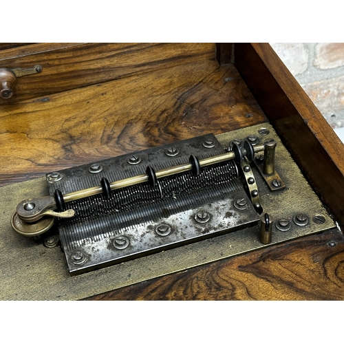 382 - Late 19th century walnut cased table top Polyphon, with boxwood inlaid top, classical cherub picture... 