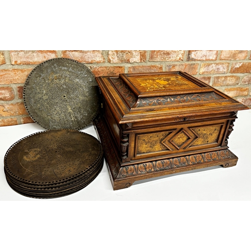 382 - Late 19th century walnut cased table top Polyphon, with boxwood inlaid top, classical cherub picture... 