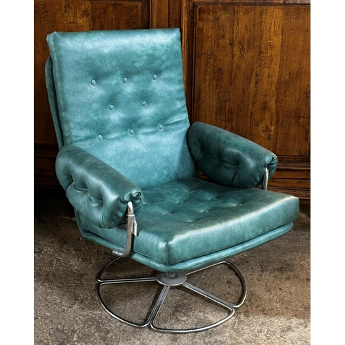 1193 - 1960s chrome framed swivel lounge chair with mint green buttoned upholstery