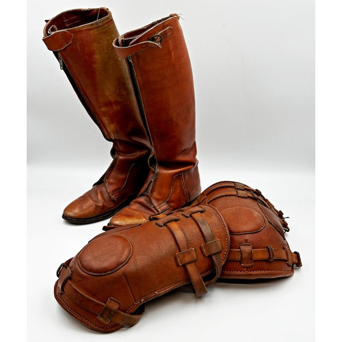 1405 - Pair of vintage tan leather Polo boots, with zip fronts, size 9, with a further pair of matching pad... 