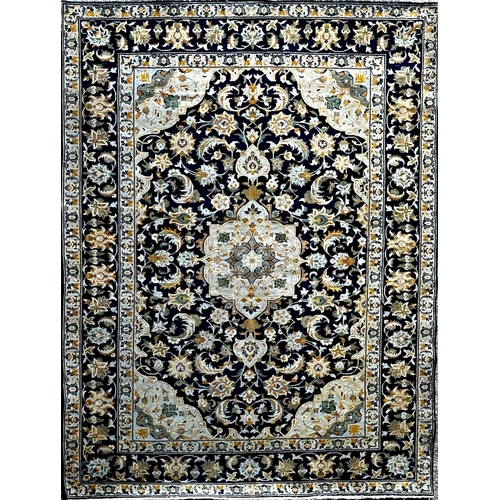 1412 - Good Keshan rug, gilt and sky blue scrolled foliate decoration on blue ground, 195 x 145cm