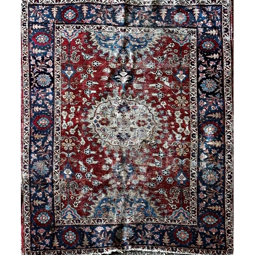 1413 - Old Mahal rug with typical Islamic scrolls on red ground, 180 x 145cm with a similar Tabriz rug (af)... 