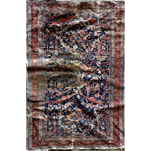 1413 - Old Mahal rug with typical Islamic scrolls on red ground, 180 x 145cm with a similar Tabriz rug (af)... 