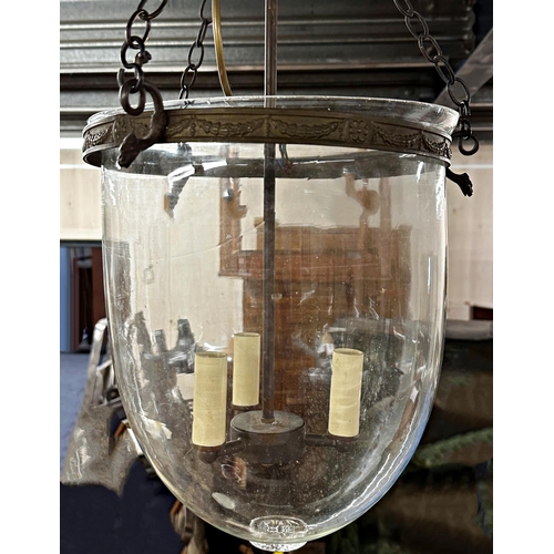 1123 - Good glass and copper bell jar lantern, with three branch fitting, total height 64cm