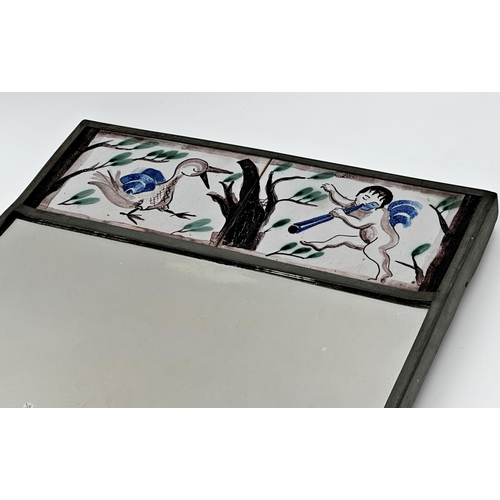 1141 - Continental provincial twin girandole wall mirror, fitted with delft tiles, 52cm high x 31cm wide