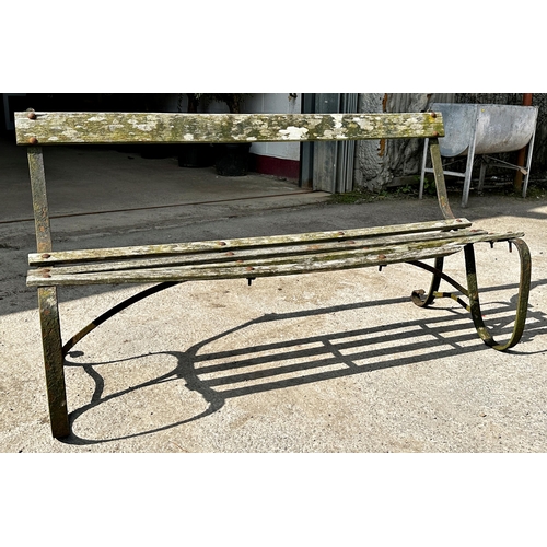 1040 - Antique teak and sprung iron bench,
Length 153.5cm x Height 82cm x 
Depth 81cm