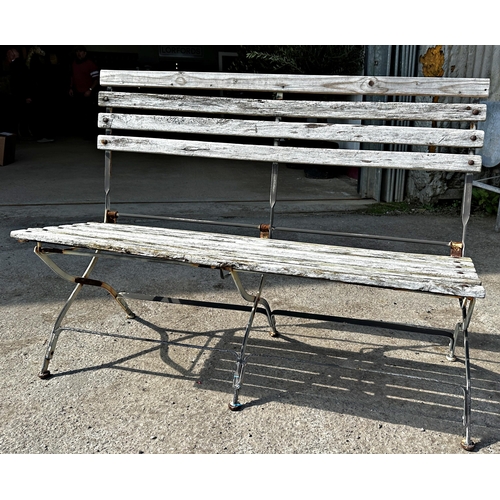 1048 - Vintage folding garden bench with teak slats, Length 123cm X Height 90cm x Depth 48cm