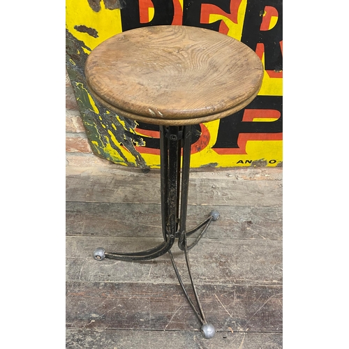 1207 - Rare Rubery Owen 'Blade' stool, 1940 vintage Industrial design, oak seat on iron frame, 66cm high