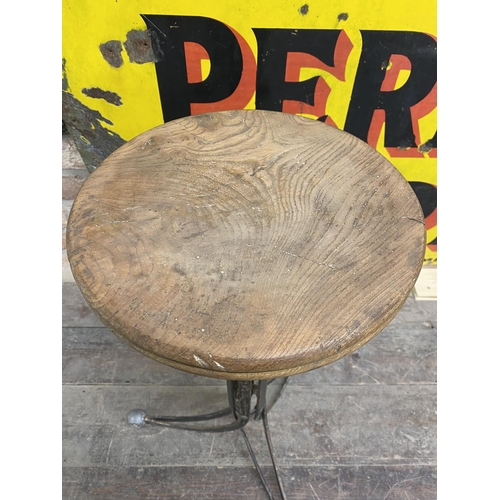 1207 - Rare Rubery Owen 'Blade' stool, 1940 vintage Industrial design, oak seat on iron frame, 66cm high