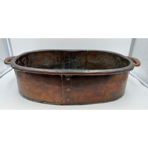 605 - Early copper fish kettle or planter, 16cm high x 70cm long