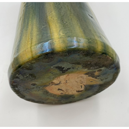 469 - Studio pottery four handled vase, with green and brown glaze, 37xm high