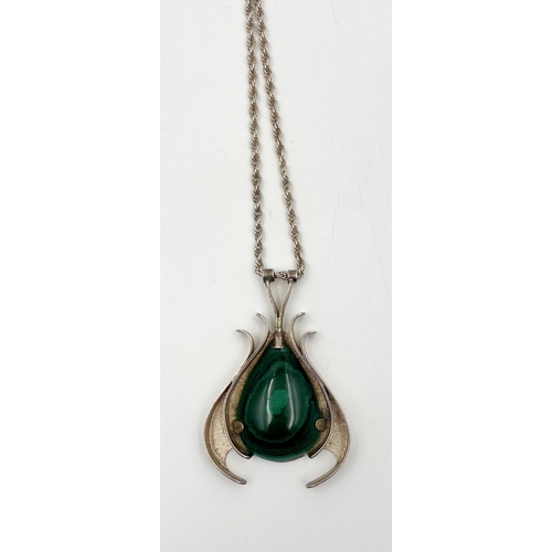 322 - Graham Watling silver and malachite stylised pendant, 8 x 5.5cm on a silver rope twist chain, 85.5g ... 