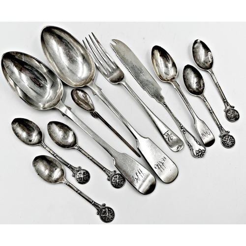 274 - Pair of Victorian silver fiddle serving spoons, with five crested teaspoons, dessert fork, serrated ... 