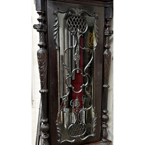 389 - Incredible imposing early 20th century chiming longcase clock, profusely carved mahogany frame with ... 