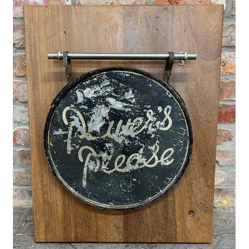 1110 - Advertising - 'Player's Please', iron framed glass twin sided sign, on a chrome rail fitted to a tea... 