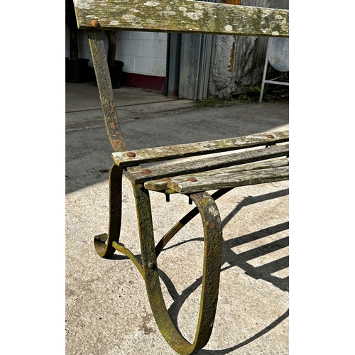 1065 - Antique teak and sprung iron bench,
Length 153.5cm x Height 82cm x 
Depth 81cm