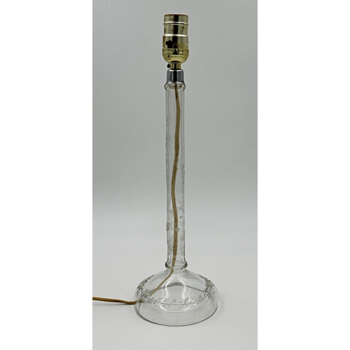 1157 - Good quality antique hand blown etched glass table lamp, decorated with floral trails, 42cm high