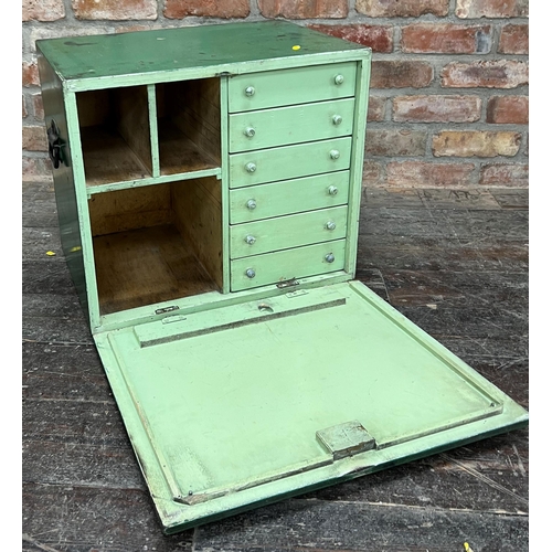 1233 - Vintage Industrial green painted engineers cabinet, the fall front enclosing an interior fitted with... 