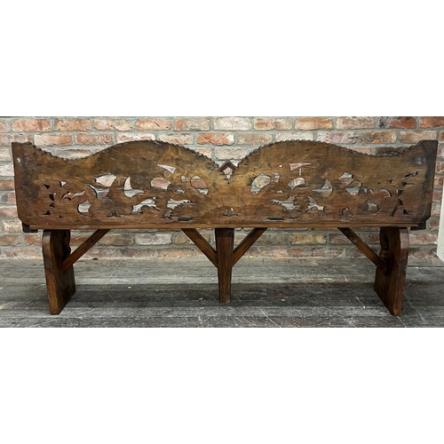 1363 - 19th century Chinese hardwood bench of slim proportions, the backrest carved with coiled serpents wi... 