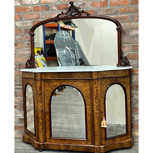 1364 - Good quality 19th century burr walnut marble top credenza, with three arched mirror panel doors and ... 