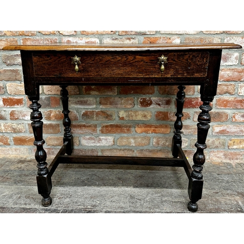 1365 - Georgian oak side table from Castle Combe Manor, moulded top, single drawer with tear-drop handles, ... 