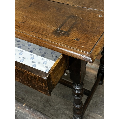 1365 - Georgian oak side table from Castle Combe Manor, moulded top, single drawer with tear-drop handles, ... 