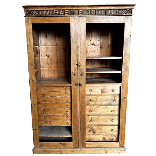 1370 - Good quality early 20th century pine cupboard, carved 'MIRABILE DICTU' to cornice, twin doors enclos... 