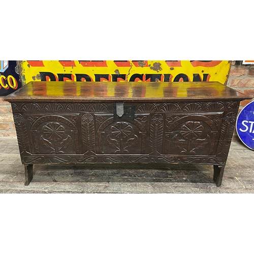 1372 - 17th century oak coffer, three arcaded carved panel front, hinged lid, 66cm high x 146cm long