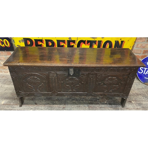 1372 - 17th century oak coffer, three arcaded carved panel front, hinged lid, 66cm high x 146cm long