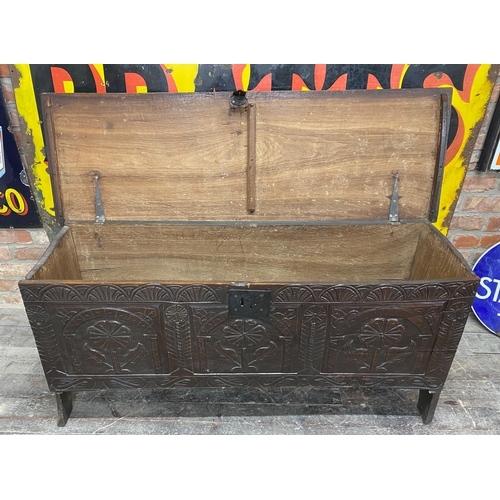 1372 - 17th century oak coffer, three arcaded carved panel front, hinged lid, 66cm high x 146cm long