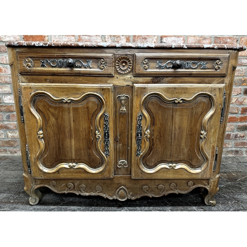 1375 - 18th century French fruitwood marble top buffet, the moulded red-veined marble top over two drawers ... 