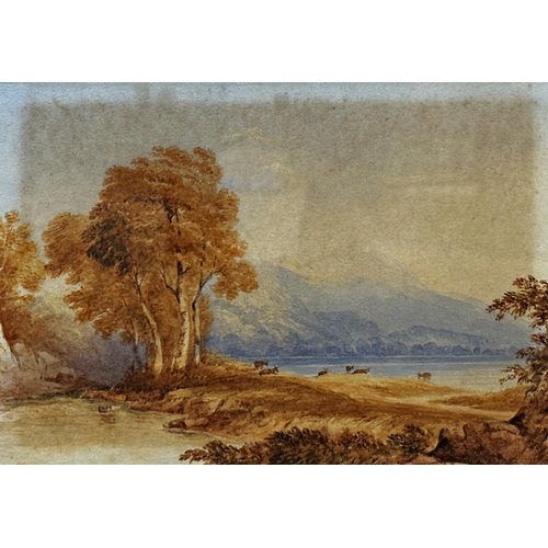 1418 - Circle of John Varley (1778-1842) - Lakeside landscape with deer and mountains, unsigned, watercolou... 