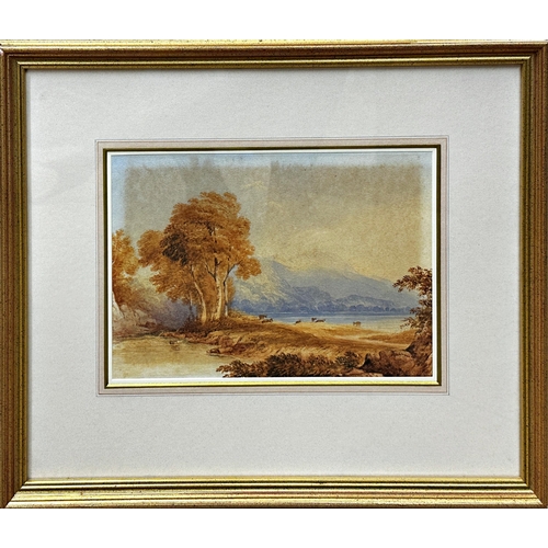 1418 - Circle of John Varley (1778-1842) - Lakeside landscape with deer and mountains, unsigned, watercolou... 