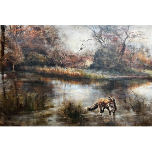 1423 - Clodagh Cravos (b. 1921) - River landscape with fox, signed and dated '86, oil on canvas, 49 x 76cm,... 