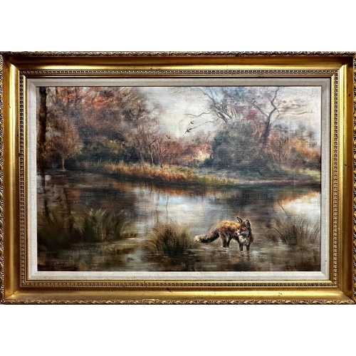 1423 - Clodagh Cravos (b. 1921) - River landscape with fox, signed and dated '86, oil on canvas, 49 x 76cm,... 